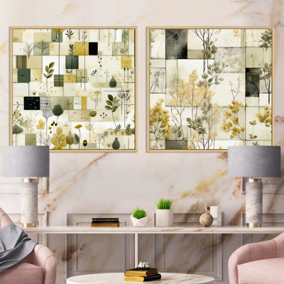 Green Cubic Botanical Dreams - Abstract Botanicals Square Collage Set Of 2