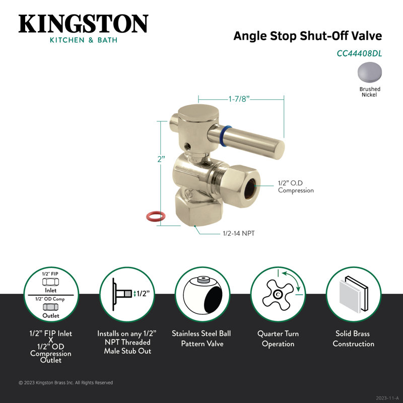 Kingston Brass Fauceture 1/2-Inch FIP x 1/2-Inch OD Comp Quarter-Turn Angle Stop Valve, Satin Nickel