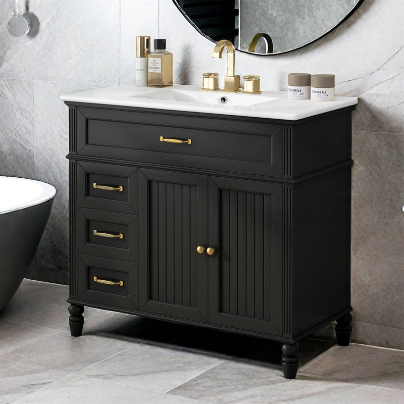 Meuble-lavabo élégant de 36 po avec lavabo en céramique lisse et tiroirs, noir