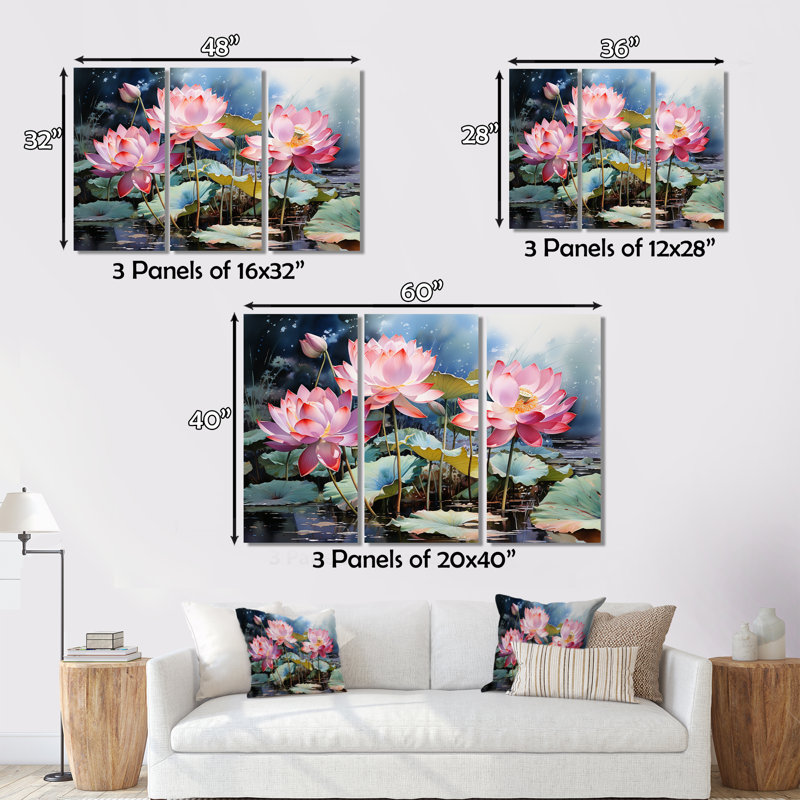 «China Art Lotus Pond I» sur toile, reproduction de 3 pièces, H 40 po x l 60 po x P 1 po