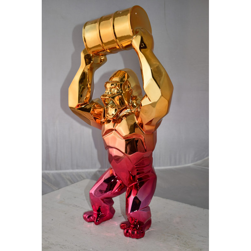 Gniya Textile Red and Gold King Kong with A Barrell Statue  Size: 14" x 7" x 24"H, Gold/Red