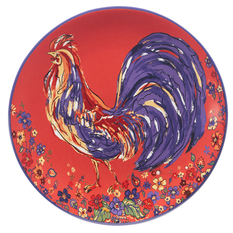Vibrant Red Ceramic Rooster 9" Salad/Dessert Plates Set