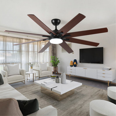 Grands ventilateurs de plafond de 72 pouces avec lumières et télécommande, ventilateur de plafond moderne noir intérieur / extérieur pour la cuisine du salon, moteur à courant continu silencieux réversible à 6 vitesses, 8 pales à finition double