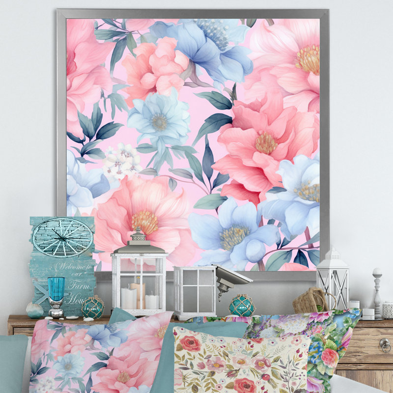 «Rose and Blue Petunia On White I», reproduction sur toile, H 24 po x l 24 po x P 1 po, Cadre photo argenté