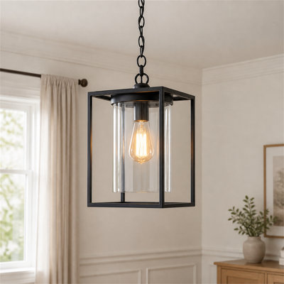 1 Pack Industrial Metal Cage Lantern Pendant Light, Black Farmhouse Hanging Light Fixture with Glass Shade for Kitchen Island, Dining Room, Entryway, Foyer & Hallway