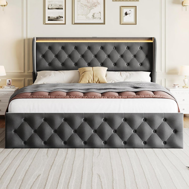 LED Bed Frame With Charging Station And 4 Storage Drawers, Velvet Upholstered Platform Bed Frame With Wingback Headboard, Button Tufted/No Box Spring Needed/Grey