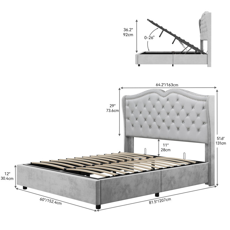Lit plateforme tapissier avec rangement Albourne, Gris
