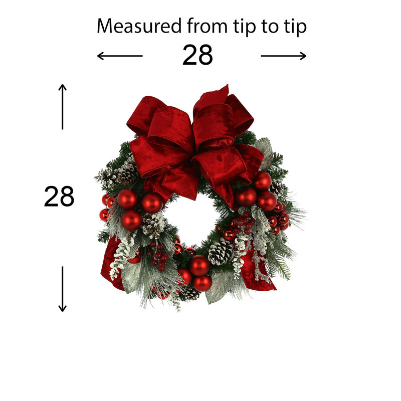 28" Snowy Holiday Wreath With Berries, Ornaments And Bows