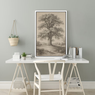 Vintage Sepia Oak Tree Landscape Art - Pictures Framed Canvas Print Wall Art