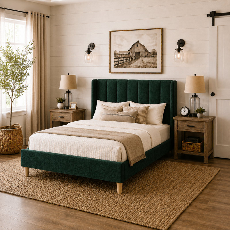 Lit plateforme tapissier avec tête de lit à oreilles Eriksay, Simple, Velours vert encre A