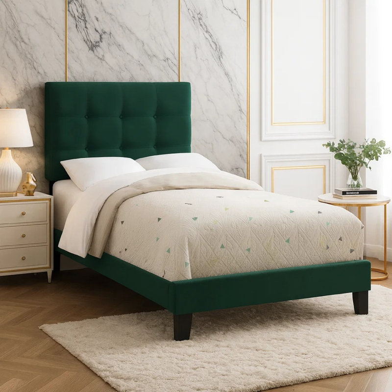Lit Aena, revêtement en velours, tête de lit capitonnée, bois massif, Simple, Vert