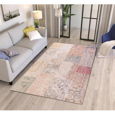 Beige Patchwork Vintage Look Woven Base Decorative Carpet
