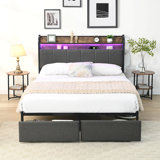 Bed Frame, Storage Headboard With Charging Station, Solid And Stable, Noise Free, No Box Spring Needed, Easy Assembly