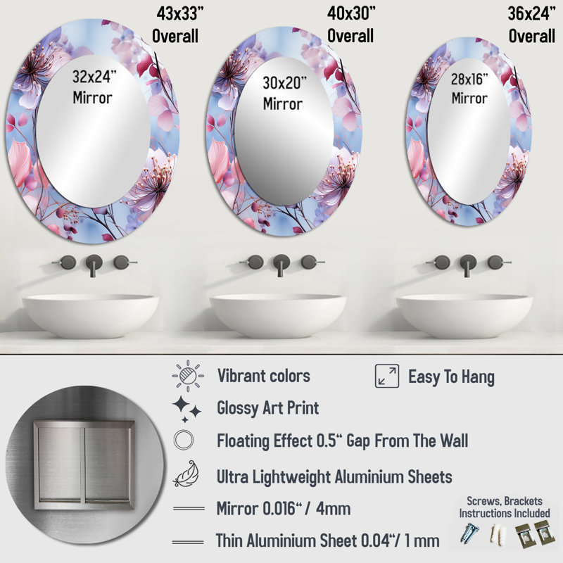 Exquisite Purple Beauty Floral Pattern - Floral Round Mirror Wall Decor_MTMIR126002, H 36 po x l 24 po, Ovale
