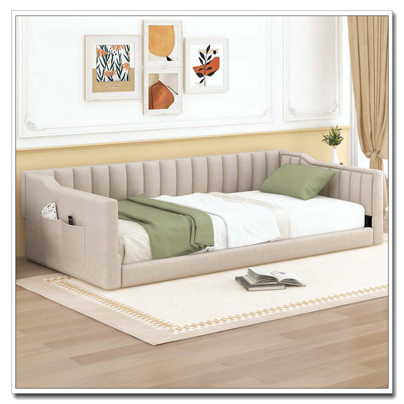 Lit de jour rembourré et poche de rangement latérale, Beige, Simple extra long