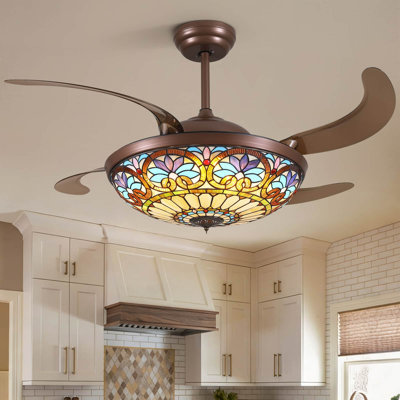 Ventilateur de plafond rétractable en verre brun Tiffany de 52 pouces, fabriqué à la main, avec variateur et commande par télécommande/application.