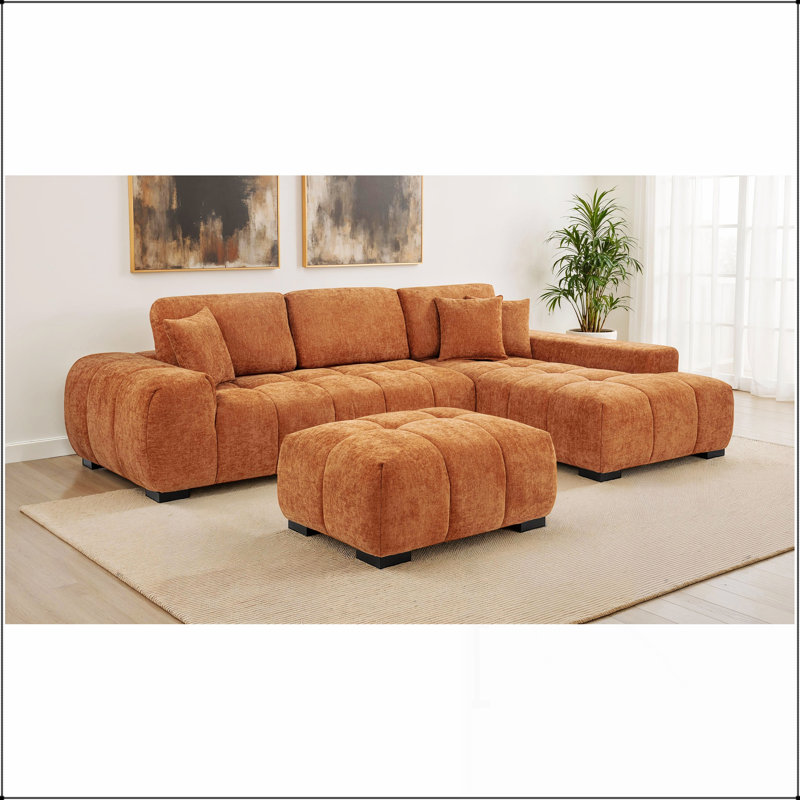 Repose-pieds Plather avec volume sculptural et capitonnage vertical moelleux, parfait pour la détente moderne, Orange, Noir