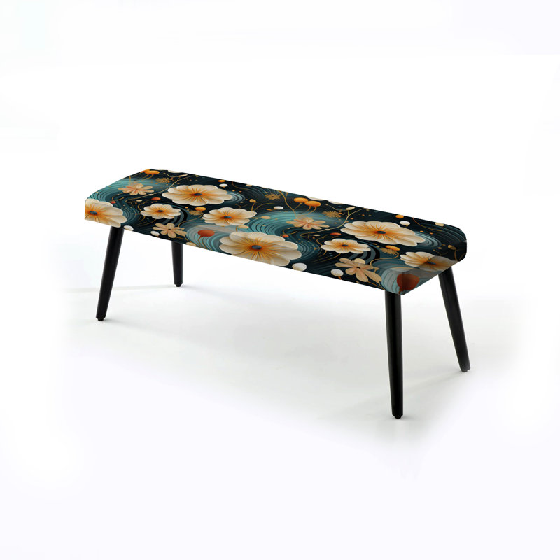 Motif botanique beige et bleu Dreamy - banc rembourré floral noir