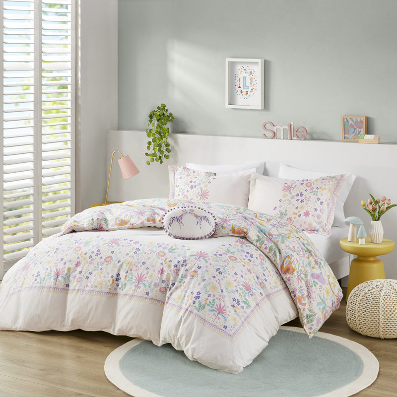 Full/Queen Reversible Cotton Floral and Jungle Print Duvet Cover Set