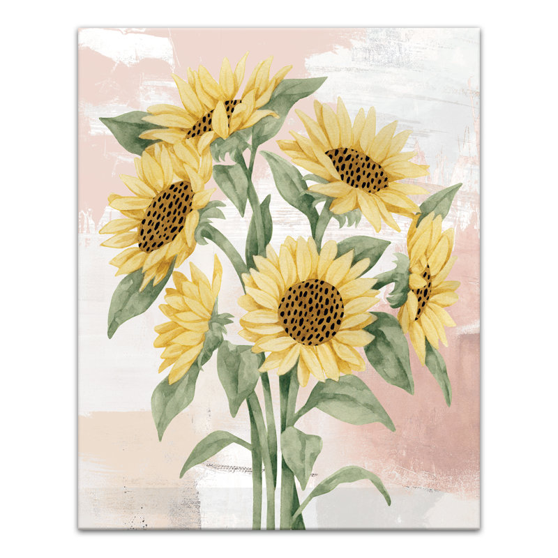 Tournesols sur fond rosé - peinture, Toile tendue, H 30 po x l 24 po x P 1,25 po