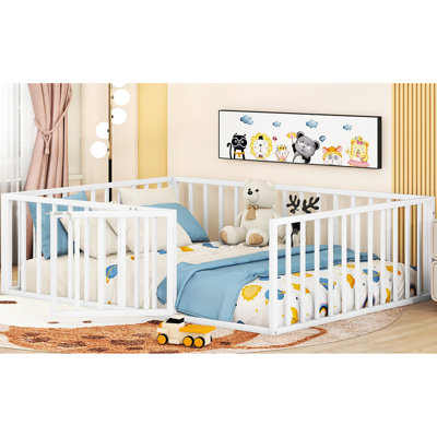 White Metal Floor Bed Frame - Strong And Design With Fence Door For Peaceful Rest Versatile Different Purposes With In Resilient Construction Multiple Activities Easy Assembly
