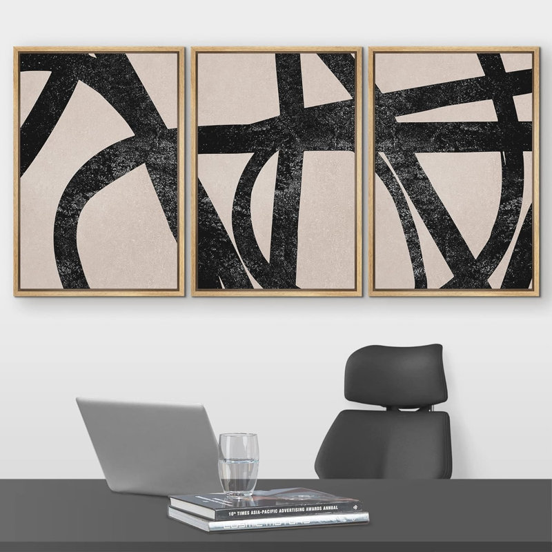 BAW Black Tan Stroke Collage Abstract Formes Minimalisme Decor Bohemian Relax / Zen 3 pièces, H 36 po x l 72 po x P 1,5 po