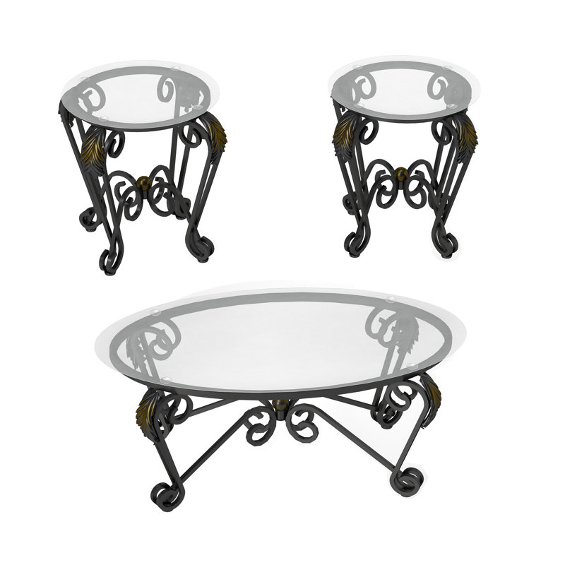 Rustic Black Tempered Glass Coffee Table Set with Metal Frame