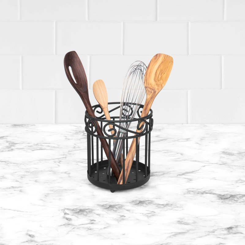 Scroll Pantryware Metal Round Utensil Crock, 8.75" L X 7.75" W X 8.25" H