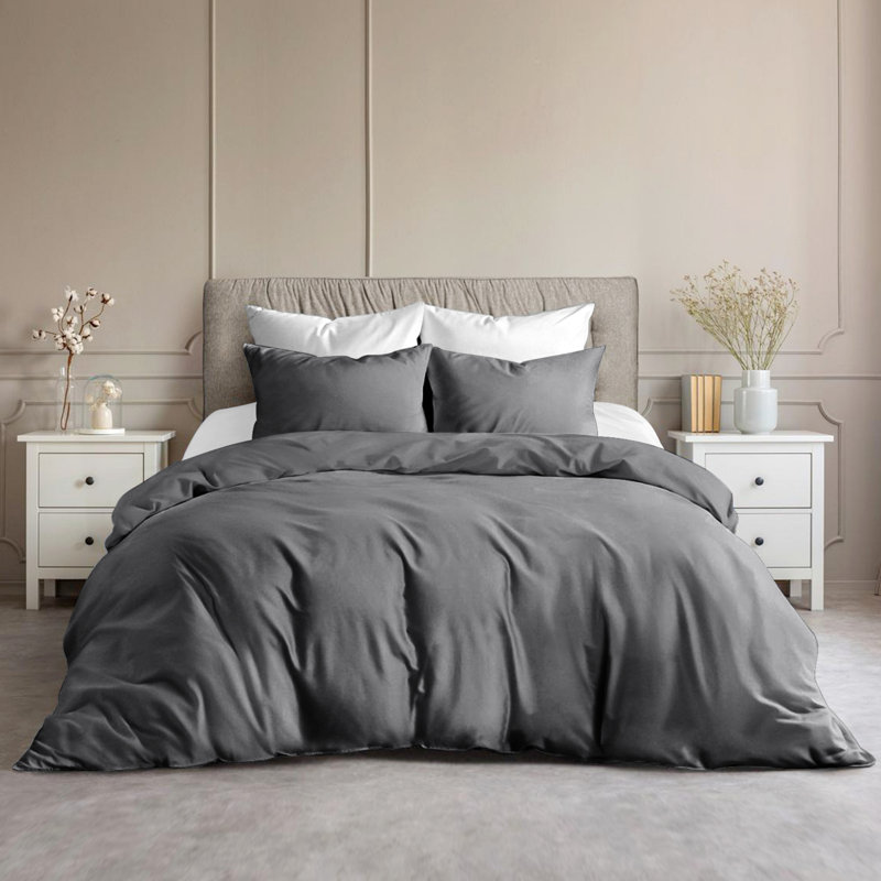 Plain Microfibre Reversible Contemporary Quilt Duvet Cover with Pillowcases, King Duvet Cover - 2 Standard Pillowcases, Grey