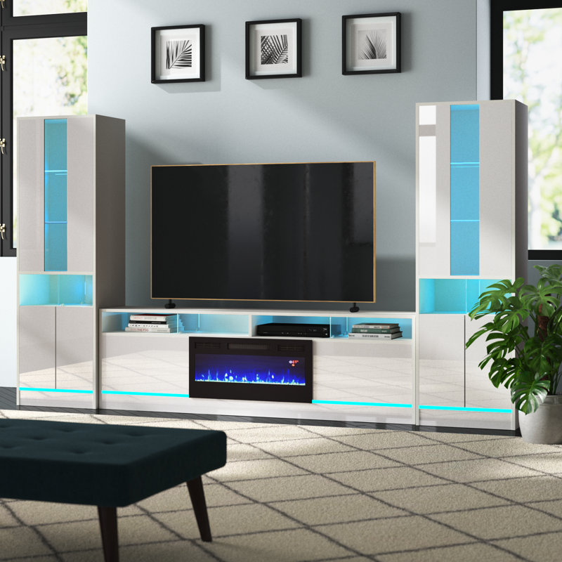 Meuble audio-vidéo pour téléviseur de 75 po ou moins avec foyer électrique Alexin, Blanc / noir