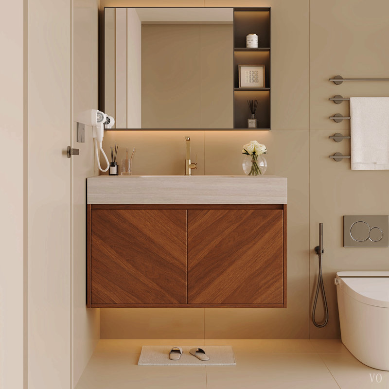 Meuble-lavabo suspendu moderne de 76 cm avec lavabo en céramique – Fermeture amortie