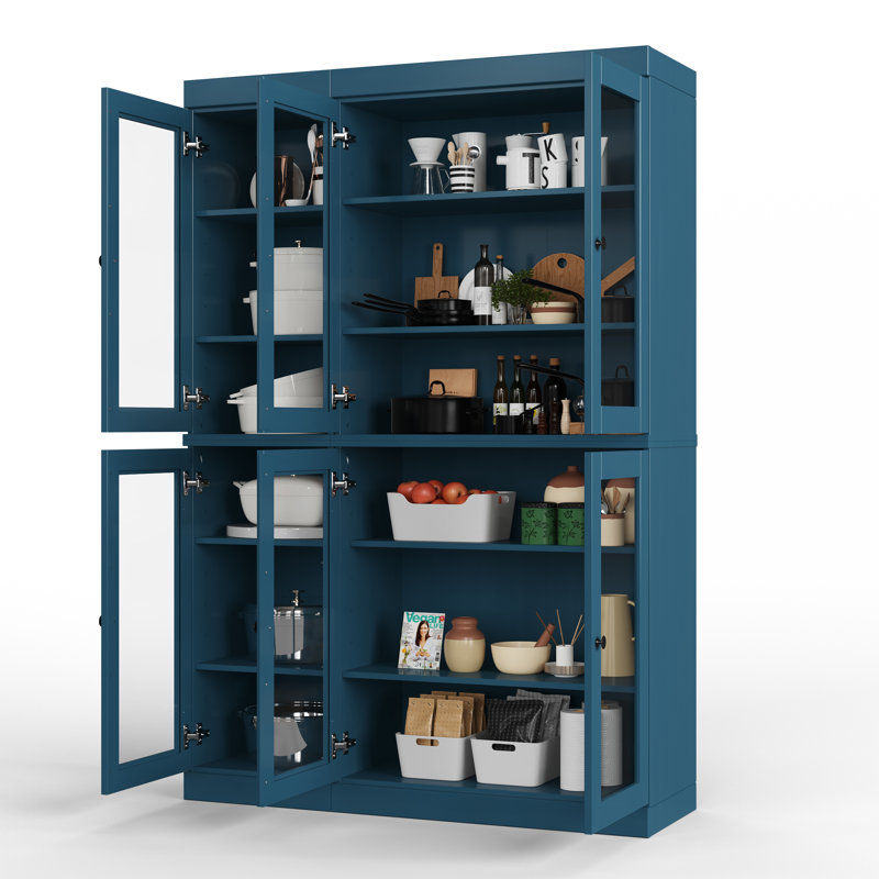 Vaisselier 48,5 po en bois massif et verre, Bleu sarcelle