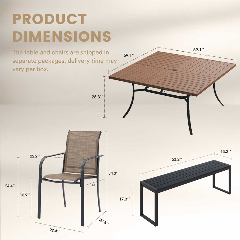 Ensemble repas carré 59,1 "avec banc, Noyer / noir, Brun