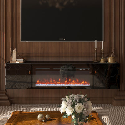 Peinture ultrabrillante 67 po Meuble télé noir, aspect contemporain, conception à double porte, tablette ouverte pour la décoration, support à finition rapide avec finition, style, structure en nid d'abeille unique, doré