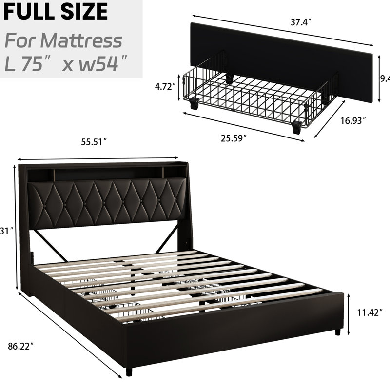 Full Bed Frame With Ergonomic Headboard, Integrated Outlets, , And Storage - Noise , , No Box Spring Needed Size Built In Shelf Metal Construction,