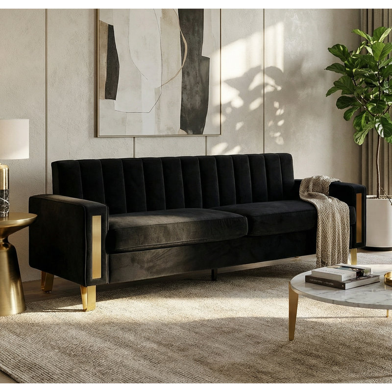 Solid Wood Frame 3 Seater Sofa with Compressed Seat Cushions, Modern Upholstered Couch for Living Room, Black