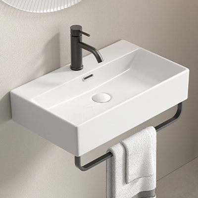 Lavabo vasque blanc pour salle de bain, fixation murale, finition polie lisse, glacis non poreux brillant, ouverture de drain standard