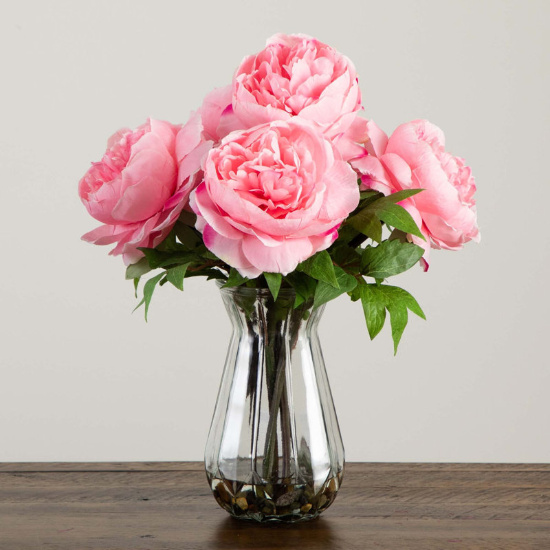16in. Artificial Peony Arrangement in Glass Vase, Pink