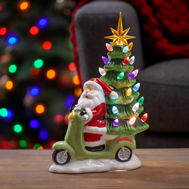 Décoration de table DEL en forme de père Noël sur scooter avec arbre de Noël en résine