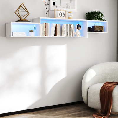 65.57In Wall Mounted Floating Tv Shelf With 20 Color & Charging Port, Space-Economical, Suits 50-59 Inch Tvs, Stylish Design Desk And Station, 65.57In, Space Saver, For Modern