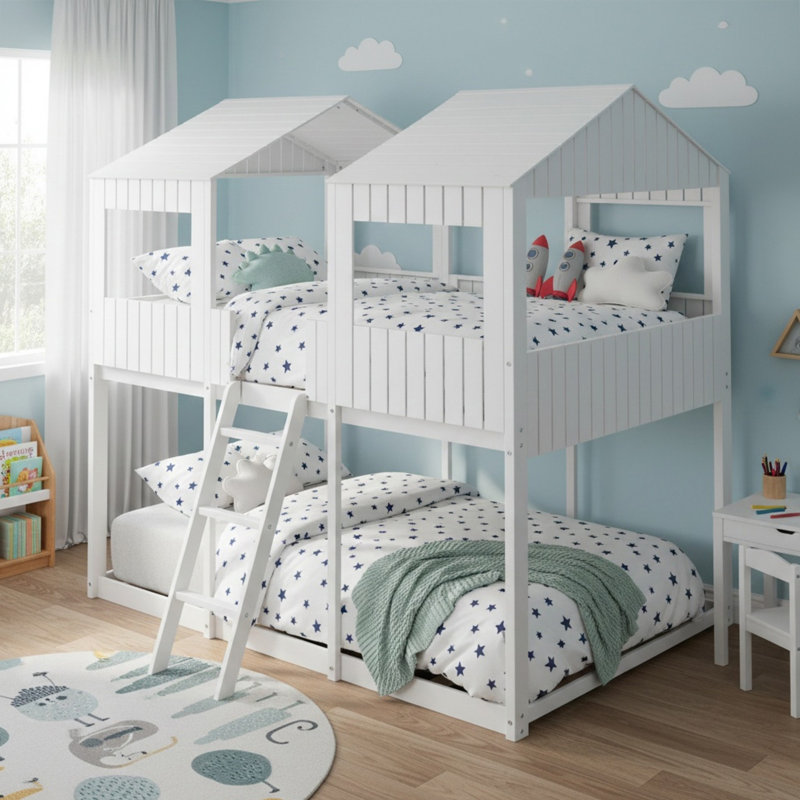 Lit superposé double en bois massif avec toit, fenêtre, garde-corps et échelle pour chambre à coucher, Blanc