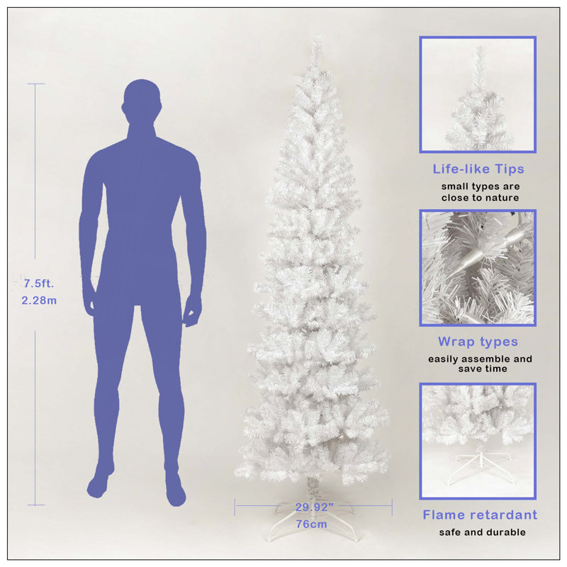 Arbre de Noël artificiel avec support pliable en métal, Blanc, H 7,5 pi