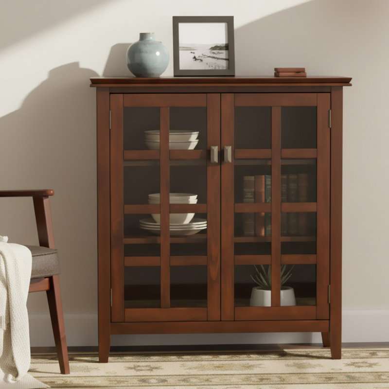 Artisan 38"W Solid Wood Transitional Medium Storage Cabinet with Glass Doors and Adjustable Shelves, Honey Brown