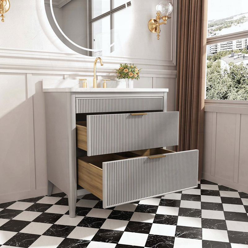 Freestanding Standard Single Vanity Bathroom Vanity With Engineered Marble Top, Grey, 30"