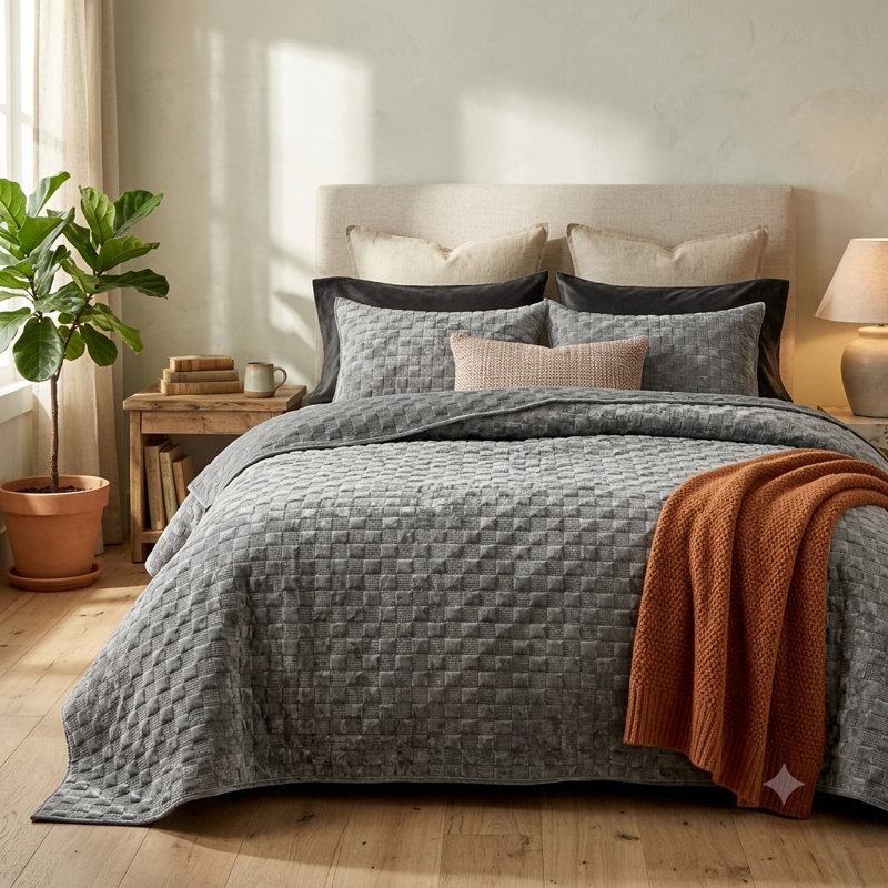 Couvre-lit en velours avec taies d'oreiller Zera MJ, Grand couvre-lit / couvre-lit + 2 taies d'oreiller, Gris