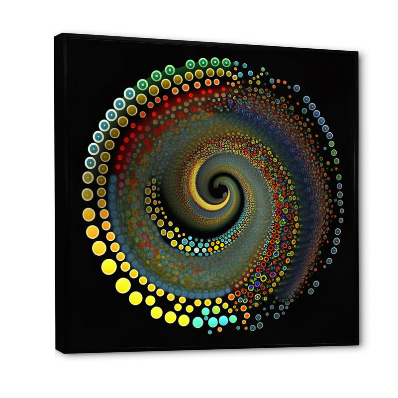Iridiscdent pointillism spiral sur toile, H 16 po x l 16 po x P 1 po, Cadre flottant noir