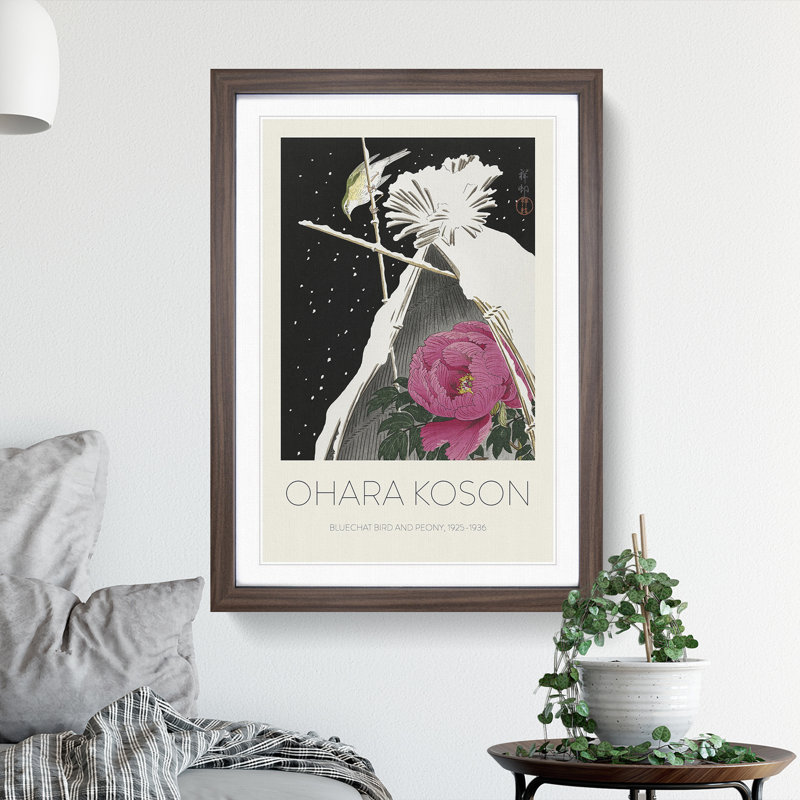 Siberian Bluechat Bird and Pink Peony - Picture Frame Painting, Walnut, 36cm H x 27cm W x 2cm D