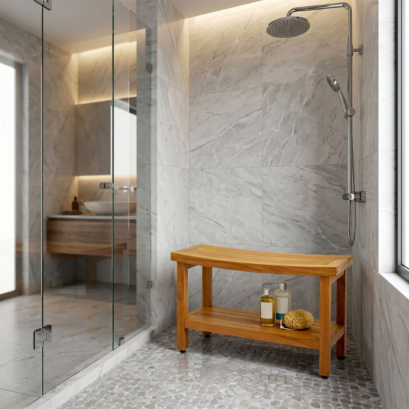 Banc de douche breveté en teck avec tablette Sumba, H 18 po x l 30 po x p 12 po