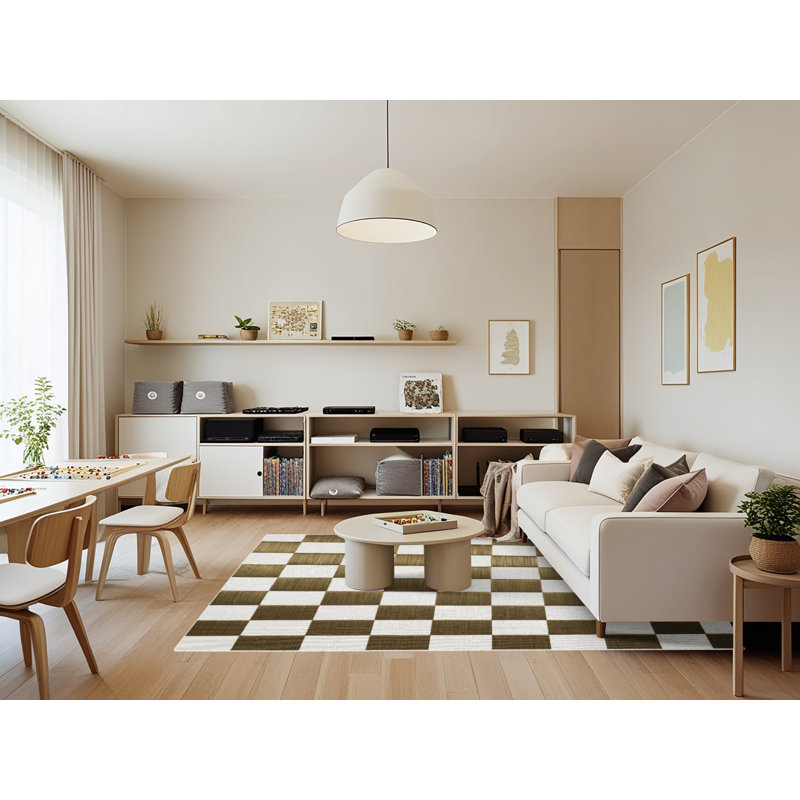 Tapis beige à carreaux lavable à la machine, Rectangle 7 pi x 9 pi