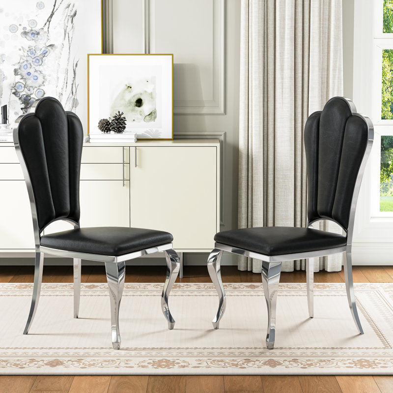 Mery 19'' H Faux Leather Upholstered Side Chair, Black, Silver